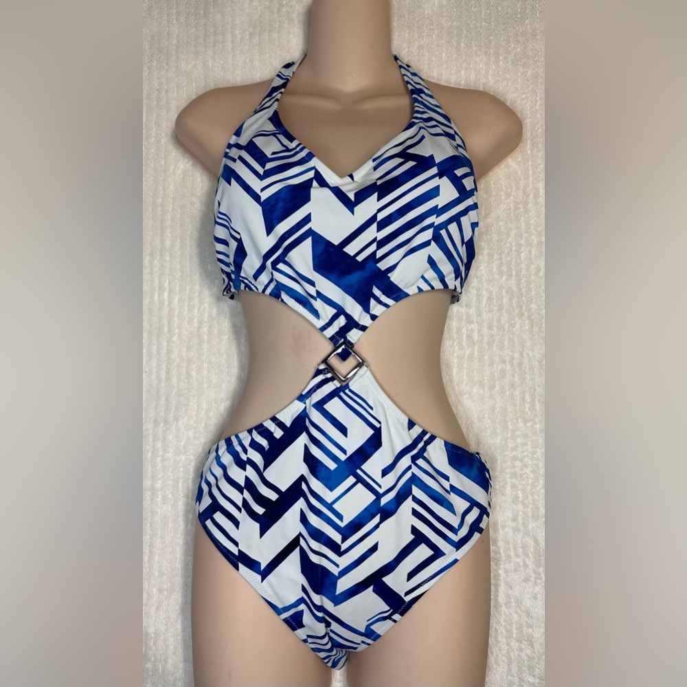 Profile One Piece Blue and White Cut Out Design Swimsuit Size 10